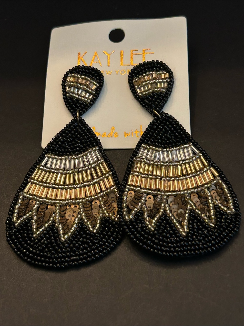 Kay Lee Black Hand Beaded Teardrop Boho Design Earrings w/ Gold & Silver Accents